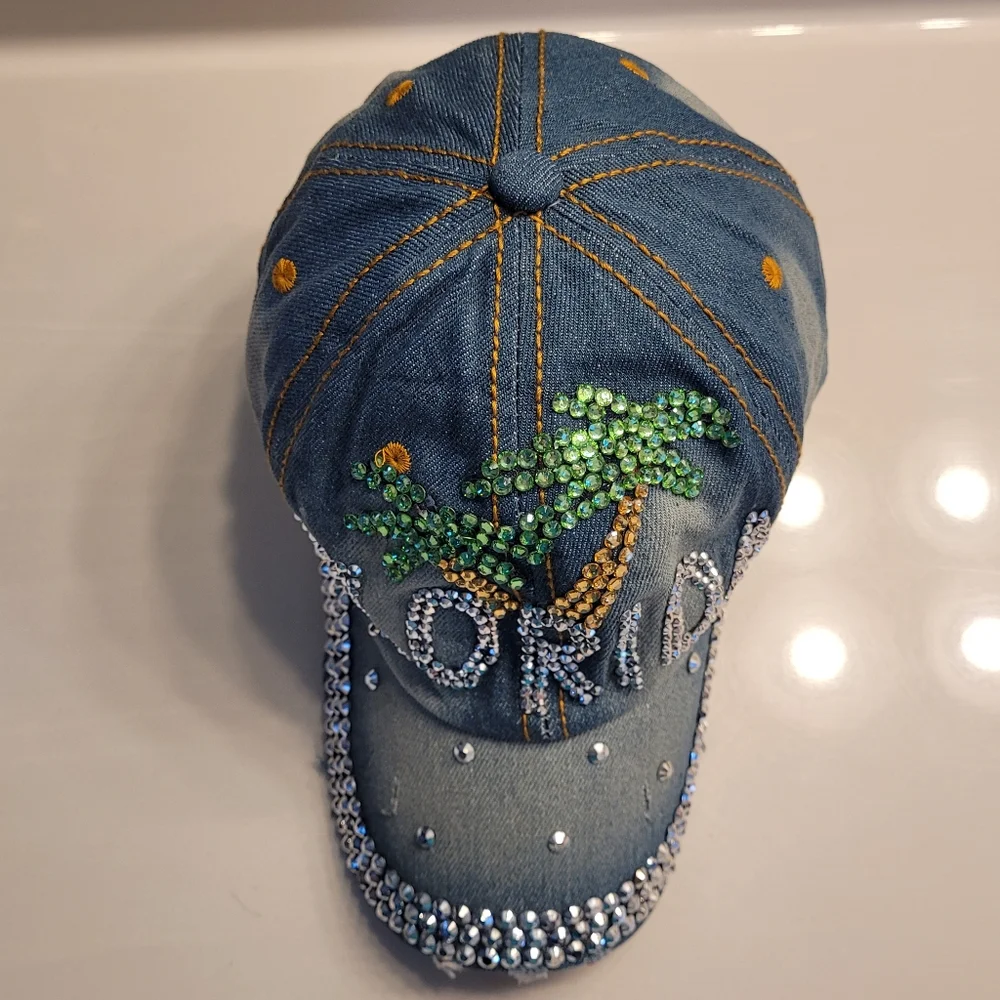 Florida Palm Trees Bedazzled Vintage Look Denim Asjustable Adult Ball Cap